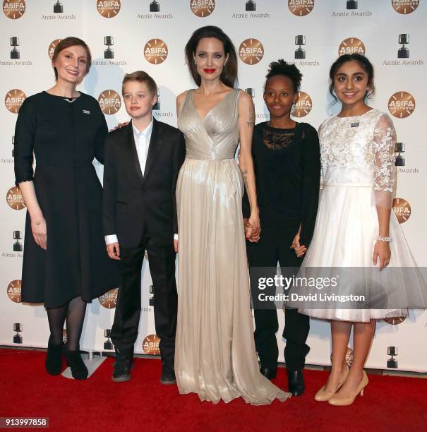 Director Nora Twomey, Shiloh Nouvel Jolie-Pitt, actress Angelina Jolie, Zahara Marley Jolie-Pitt and actress Saara Chaudry attend the 45th Annual...