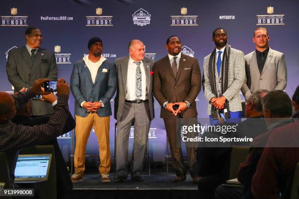 The 2018 Class selected to the Pro Football Hall of Fame at NFL Honors during Super Bowl LII week on February 3 at Northrop at the University of...