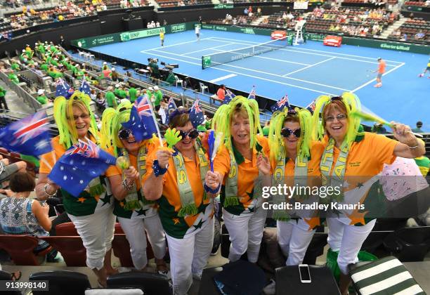 Australian fans show their colours during the Davis Cup World Group First Round tie between Australia and Germany at Pat Rafter Arena on February 4,...