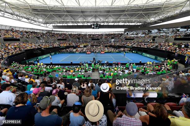 General view of the stadium is seen during the Davis Cup World Group First Round tie between Australia and Germany at Pat Rafter Arena on February 4,...