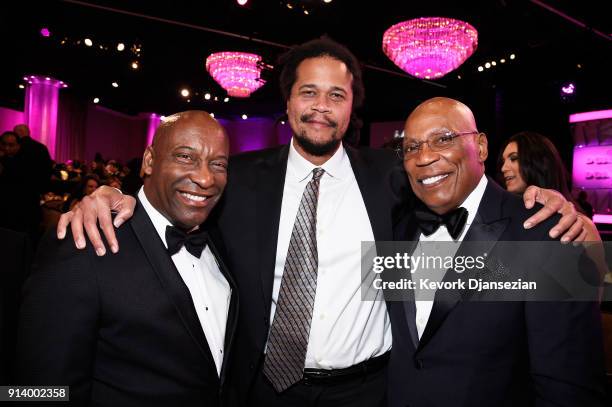 Directors John Singleton, Seith Mann and Paris Barclay pose during the 70th Annual Directors Guild Of America Awards at The Beverly Hilton Hotel on...