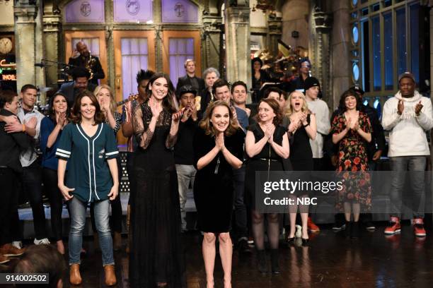 Episode 1738 "Natalie Portman" -- Pictured: Alex Moffat, Mikey Day, Cecily Strong, Tina Fey, Dua Lipa, Chris Redd, Natalie Portman, Colin Jost, Luke...