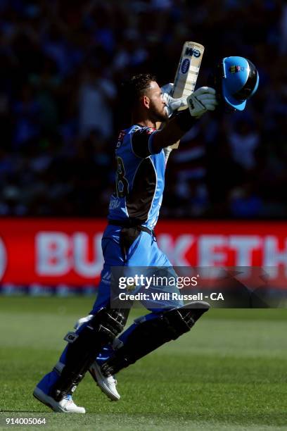 Jake Weatherald of the Strikers celebrates after reaching his century during the Big Bash League Final match between the Adelaide Strikers and the...