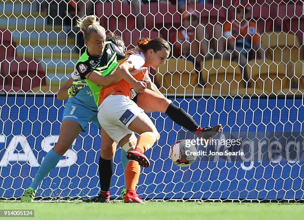 Brisbane player Hayley Raso scores a goal during the round 14 W-League match between the Brisbane Roar and Canberra United at Suncorp Stadium on...