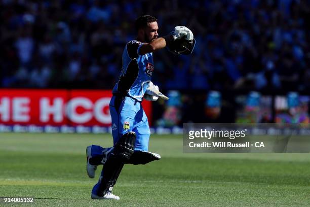 Jake Weatherald of the Strikers celebrates after reaching his century during the Big Bash League Final match between the Adelaide Strikers and the...