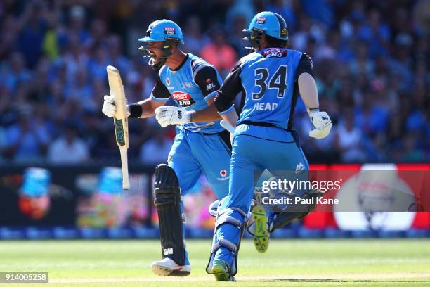 Jake Weatherald of the Strikers celebrates his century during the Big Bash League Final match between the Adelaide Strikers and the Hobart Hurricanes...