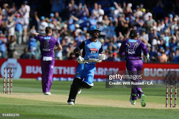 Jake Weatherald of the Strikers celebrates after reaching his century during the Big Bash League Final match between the Adelaide Strikers and the...