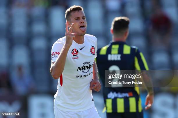 Oriol Riera of the Wanderers celebrates a goal during the round 19 A-League match between the Central Coast Mariners and the Western Sydney Wanderers...