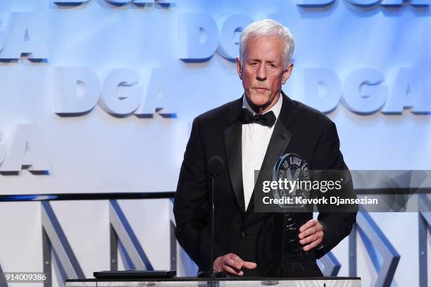 Honoree Michael Apted accepts the DGA Honorary Lifetime Member Award onstage during the 70th Annual Directors Guild Of America Awards at The Beverly...