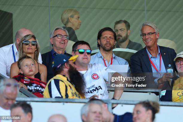 Bert van marwijk the New Socceroos coach with David Gallop Chief Executive of the FFA during the round 19 A-League match between the Central Coast...