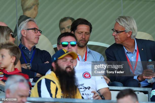 Bert van marwijk the New Socceroos coach with David Gallop Chief Executive of the FFA during the round 19 A-League match between the Central Coast...