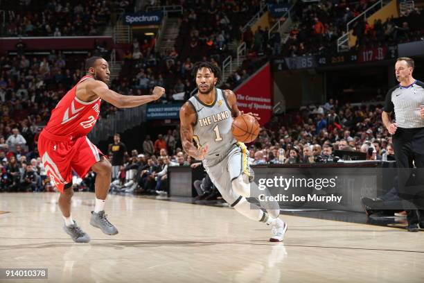 Derrick Rose of the Cleveland Cavaliers handles the ball against Markel Brown of the Houston Rockets on February 3, 2018 at Quicken Loans Arena in...