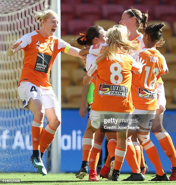 Brisbane player Clare Polkinghorne celebrates with her team after a goal during the round 14 W-League match between the Brisbane Roar and Canberra...