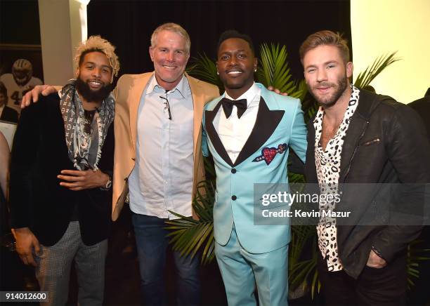 Player Odell Beckham Jr., Former NFL Player Brett Favre, NFL Player Antonio Brown and NFL Player Julian Edelman attend the NFL Honors at University...