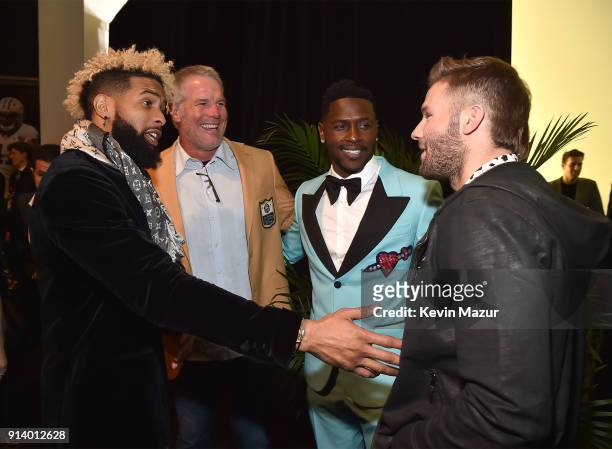 Player Odell Beckham Jr., Former NFL Player Brett Favre, NFL Player Antonio Brown and NFL Player Julian Edelman attend the NFL Honors at University...