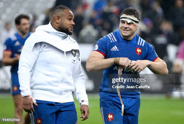 Jefferson Poirot and Guilhem Guirado of France salute the supporters following the NatWest 6 Nations match between France and Ireland at Stade de...