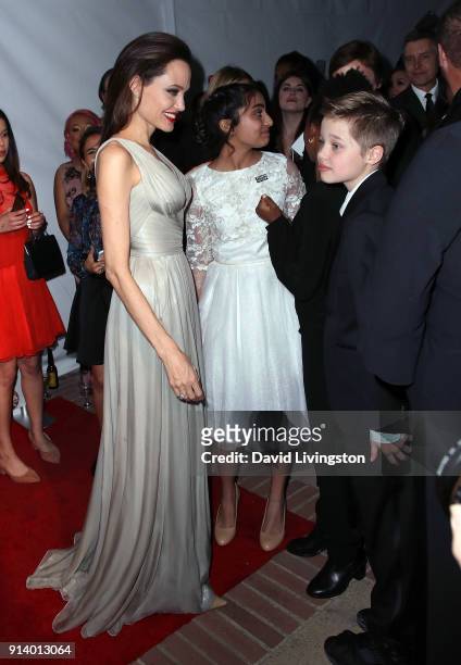 Actresses Angelina Jolie and Saara Chaudry and Shiloh Nouvel Jolie-Pitt attend the 45th Annual Annie Awards at Royce Hall on February 3, 2018 in Los...
