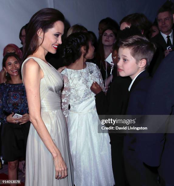 Actresses Angelina Jolie and Saara Chaudry and Shiloh Nouvel Jolie-Pitt attend the 45th Annual Annie Awards at Royce Hall on February 3, 2018 in Los...