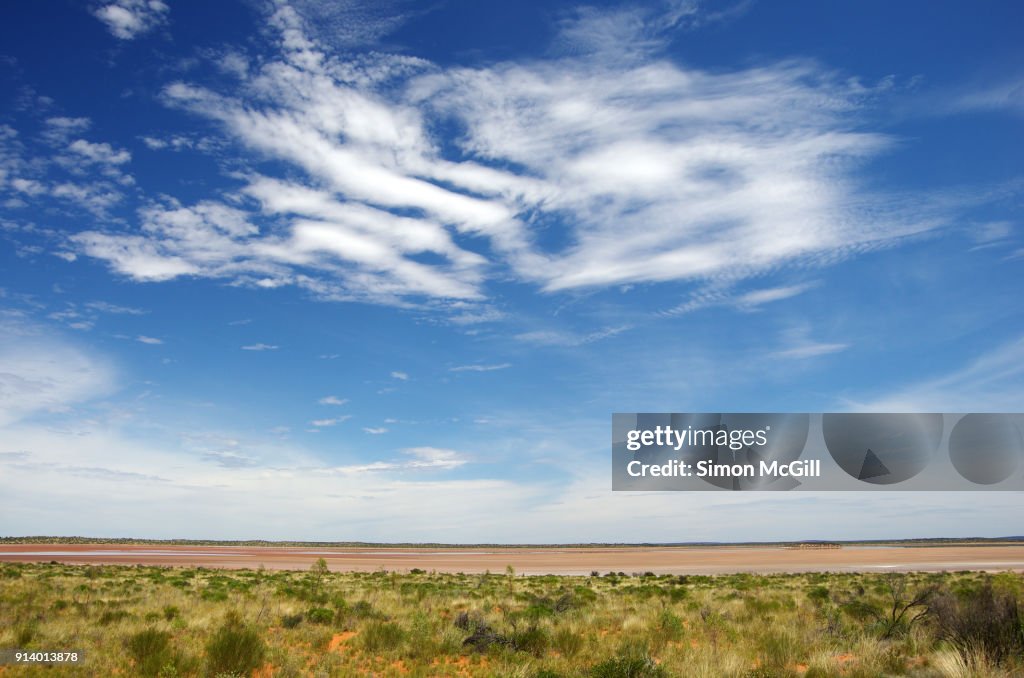 Desert vegetation on sand dunes, with a dry salt lake in the distance, near the Lasseter Highway across from the Mount Conner Lookout rest area, Petermann, Northern Territory, Australia