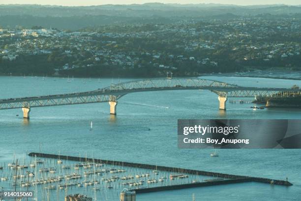 auckland harbour bridge and royal new zealand yacht squadron in auckland, new zealand. - new zealand connected stockfoto's en -beelden