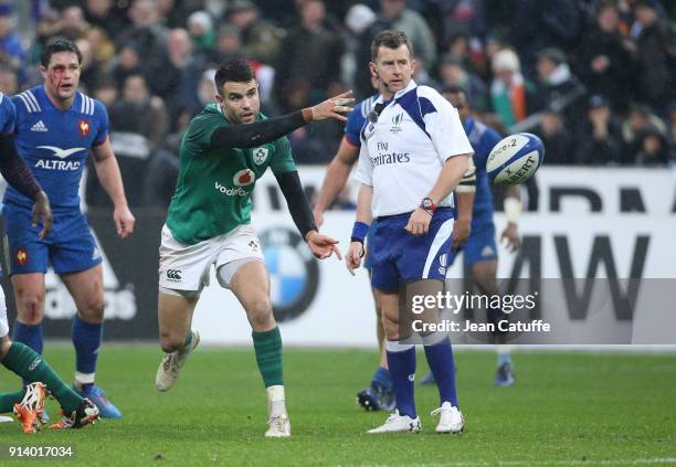 Conor Murray of Ireland, referee Nigel Owens of Wales during the NatWest 6 Nations match between France and Ireland at Stade de France on February 3,...