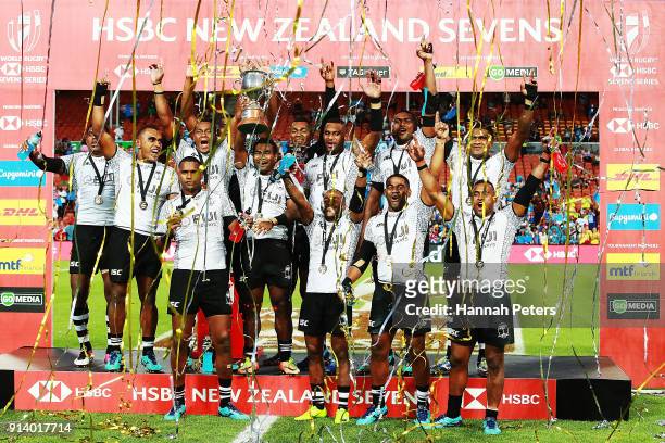 Fiji celebrate after winning the Cup final match between Fiji and South Africa the 2018 New Zealand Sevens at FMG Stadium on February 4, 2018 in...