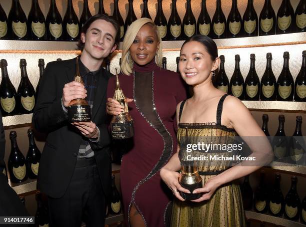 Timothee Chalamet, Mary J. Blige, and Hong Chau visit the Dom Perignon Lounge after receiving the Virtuosos Award at The Santa Barbara International...