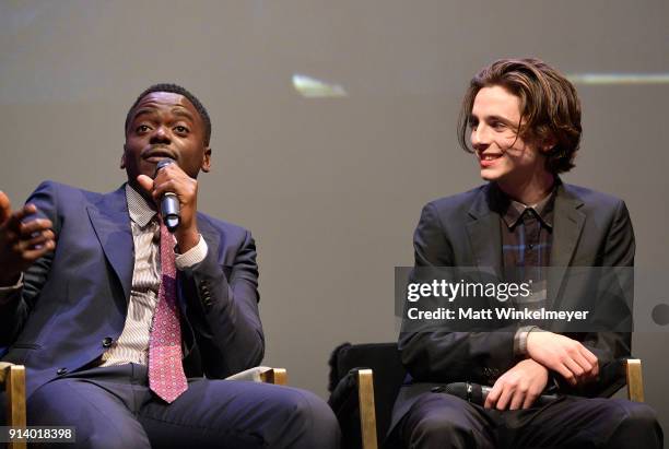 Actors Daniel Kaluuya and Timothee Chalamet speak onstage at the Virtuosos Award Presented By UGG during The 33rd Santa Barbara International Film...