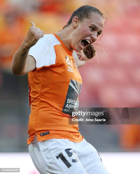 Brisbane player Abbey Lloyd celebrates her second goal during the round 14 W-League match between the Brisbane Roar and Canberra United at Suncorp...