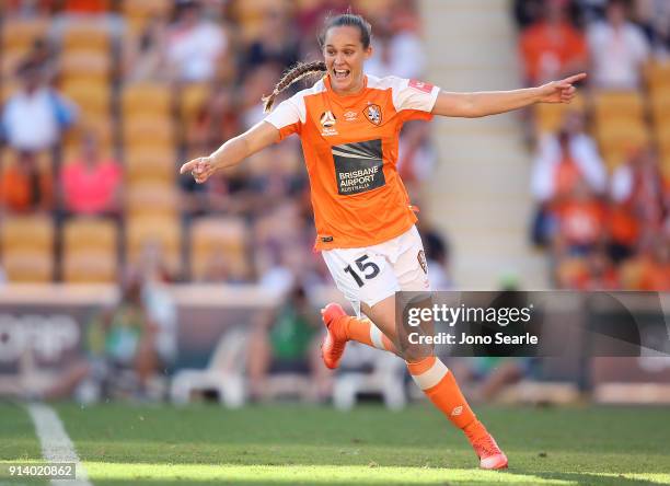 Brisbane player Abbey Lloyd celebrates her goal during the round 14 W-League match between the Brisbane Roar and Canberra United at Suncorp Stadium...