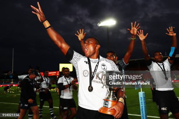 Paula Dranisinukula of Fiji celebrates after winning the Cup final match between Fiji and South Africa the 2018 New Zealand Sevens at FMG Stadium on...