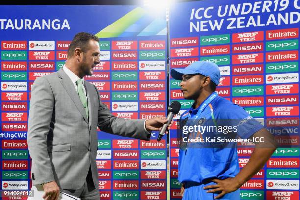 Captainn Prithvi Shaw of India is interviewed by Simon Doull after the win in the ICC U19 Cricket World Cup Final match between Australia and India...