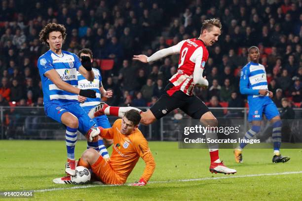 Philippe Sandler of PEC Zwolle, Mickey van der Hart of PEC Zwolle, Luuk de Jong of PSV during the Dutch Eredivisie match between PSV v PEC Zwolle at...