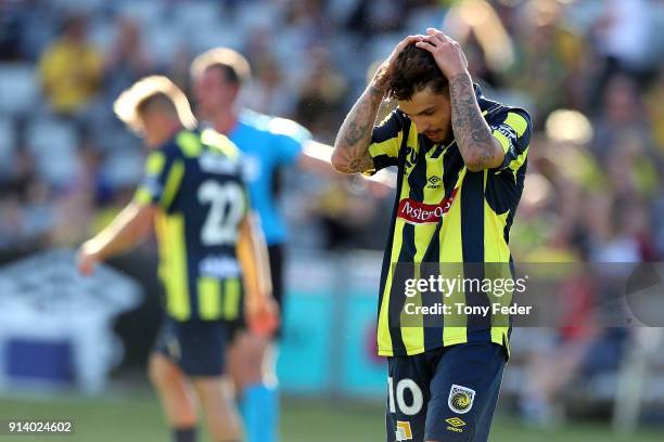 Daniel De Silva of the Mariners looks dejected after losing to the Wanderers during the round 19 A-League match between the Central Coast Mariners...