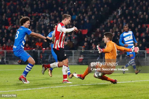 Philippe Sandler of PEC Zwolle, Luuk de Jong of PSV, Mickey van der Hart of PEC Zwolle during the Dutch Eredivisie match between PSV v PEC Zwolle at...