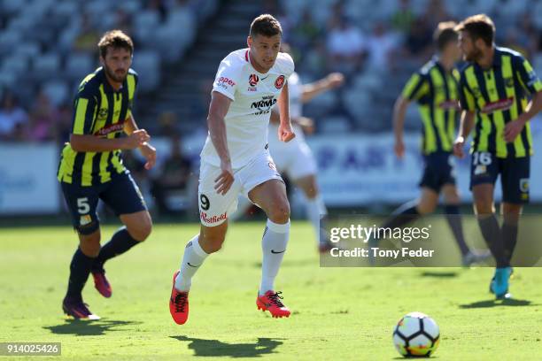 Oriol Riera of the Wanderers controls the ball during the round 19 A-League match between the Central Coast Mariners and the Western Sydney Wanderers...