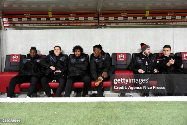 Ignatius Ganago, Romain Perraud, Vincent Marcel, Arnaud Lusamba, Christophe Jallet and Yoan Cardinale during the Ligue 1 match between OGC Nice and...