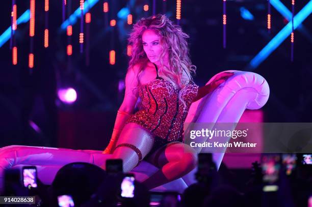 Recording artist Jennifer Lopez performs onstage during the 2018 DIRECTV NOW Super Saturday Night Concert at NOMADIC LIVE! at The Armory on February...