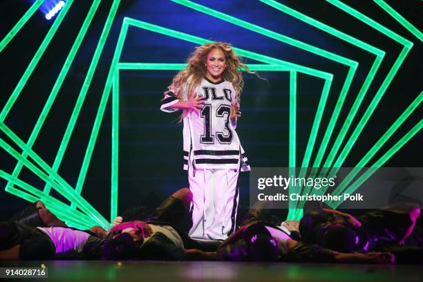 Recording artist Jennifer Lopez performs onstage during the 2018 DIRECTV NOW Super Saturday Night Concert at NOMADIC LIVE! at The Armory on February...