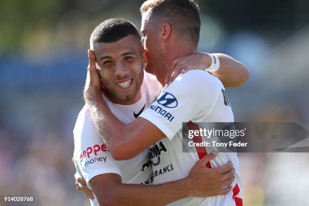 Oriol Riera of the Wanderers celebrates a goal Jaushua Sotirio during the round 19 A-League match between the Central Coast Mariners and the Western...