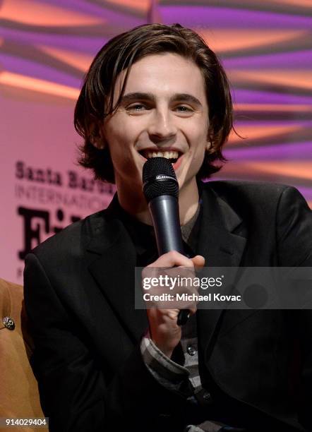 Timothee Chalamet appears onstage before receiving the Virtuosos Award at The Santa Barbara International Film Festival on February 3, 2018 in Santa...