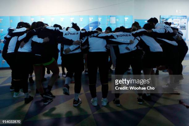 Korean Women's Ice Hockey team warms up before the friendly match at Seonhak International Ice Rink on February 4, 2018 in Incheon, South Korea. The...