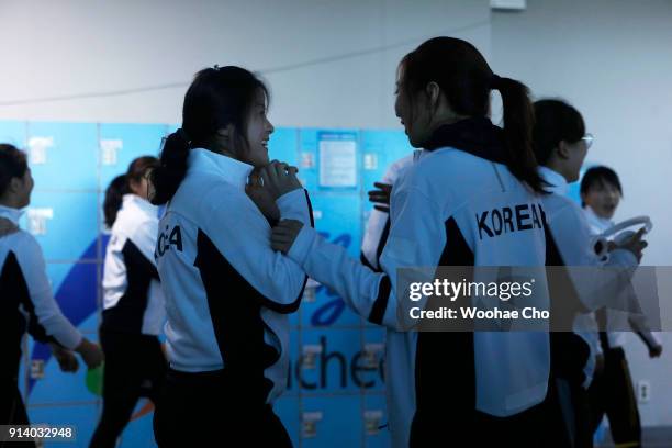 Korean Women's Ice Hockey team warms up before the friendly match at Seonhak International Ice Rink on February 4, 2018 in Incheon, South Korea. The...