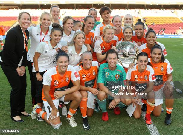 The Brisbane team celebrate winning the minor Premiership after the win during the round 14 W-League match between the Brisbane Roar and Canberra...
