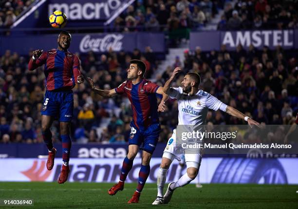 Cheik Doukoure of Levante in action during the La Liga match between Levante and Real Madrid at Ciutat de Valencia on February 3, 2018 in Valencia,...