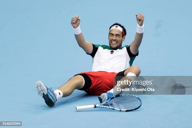 Fabio Fognini of Italy celebrates as he wins his singles match against Yuichi Sugita of Japan during day three of the Davis Cup World Group first...