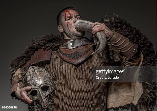 weapon wielding viking warrior brunette male in studio shot - france v scotland stock pictures, royalty-free photos & images