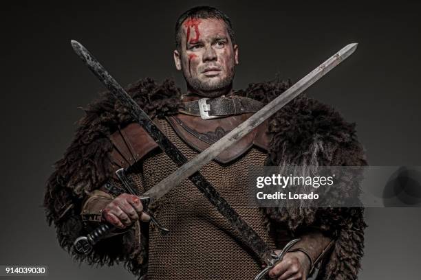 weapon wielding viking warrior brunette male in studio shot - chain mail textile stock pictures, royalty-free photos & images