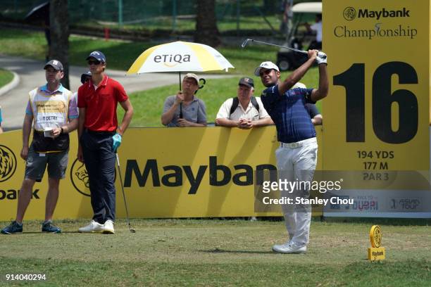 Shubhankar Sharma of India plays a shot during day four of the Maybank Championship Malaysia at Saujana Golf and Country Club on February 4, 2018 in...