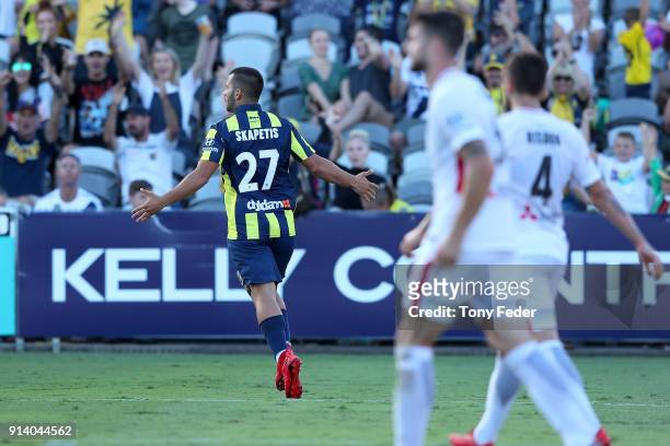 Petros Skapetis of the Mariners celebrates a goal during the round 19 A-League match between the Central Coast Mariners and the Western Sydney...